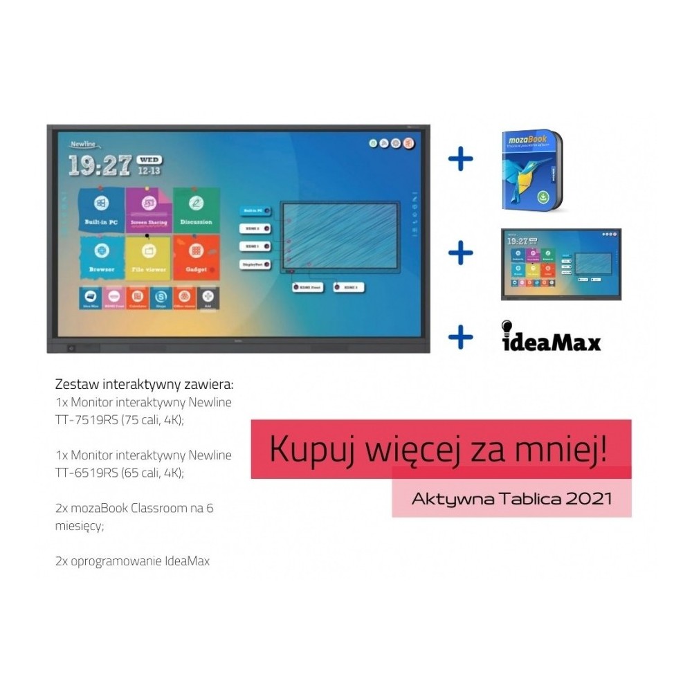 Zestaw interaktywny: monitor interaktywny Newline TruTouch TT-7519RS+ 4K 75" + monitor Newline TT-6519RS (65 cali, 4K) + mozaBoo