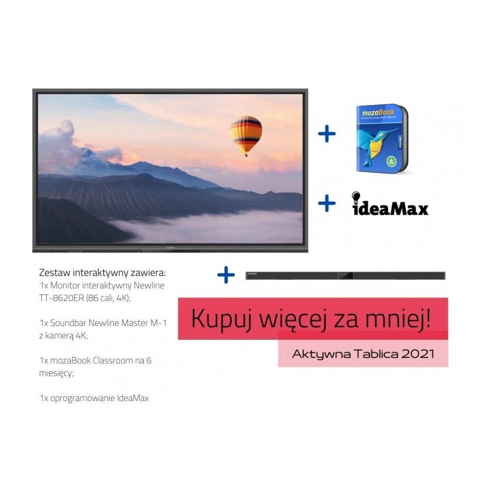 Zestaw interaktywny: monitor interaktywny Newline TT-8620ER (86 cali, 4K) + soundbar Newline Master M-1 z kamerą 4K + mozaBook C