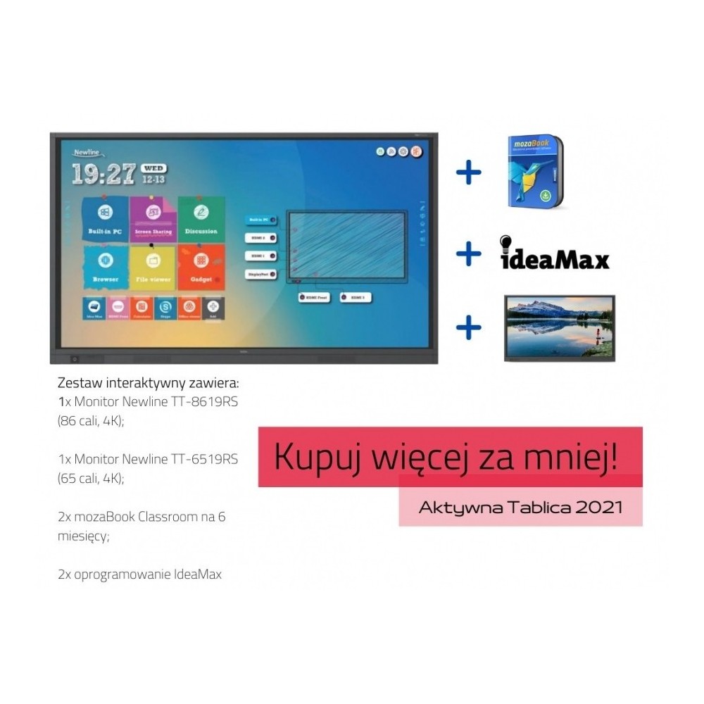 Zestaw interaktywny: monitor Newline TT-8619RS (86 cali, 4K) x1 monitor Newline TT-6519RS (65 cali, 4K) x1 mozaBook Classroom na